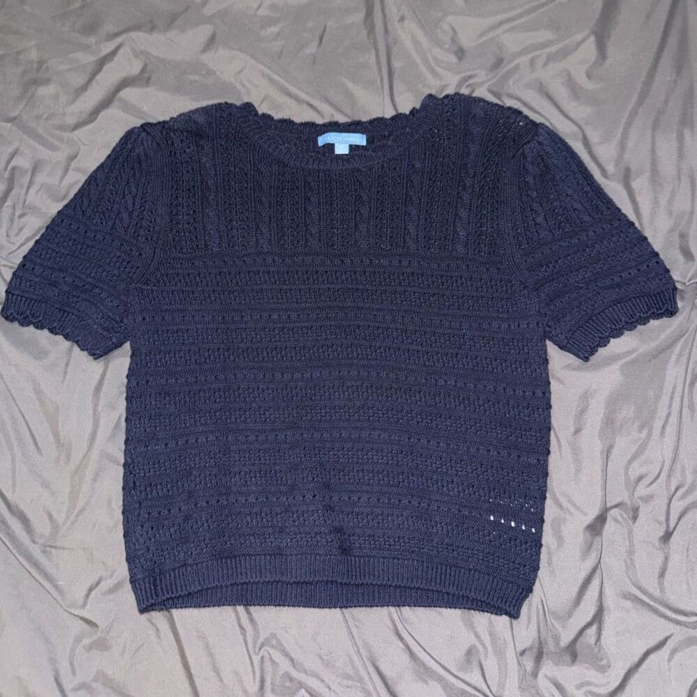 Draper James Women's Navy Crochet Knit Sweater Size M Short Sleeve